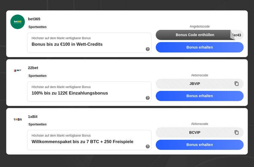 Bonuscodes für online Casinos und Buchmacher