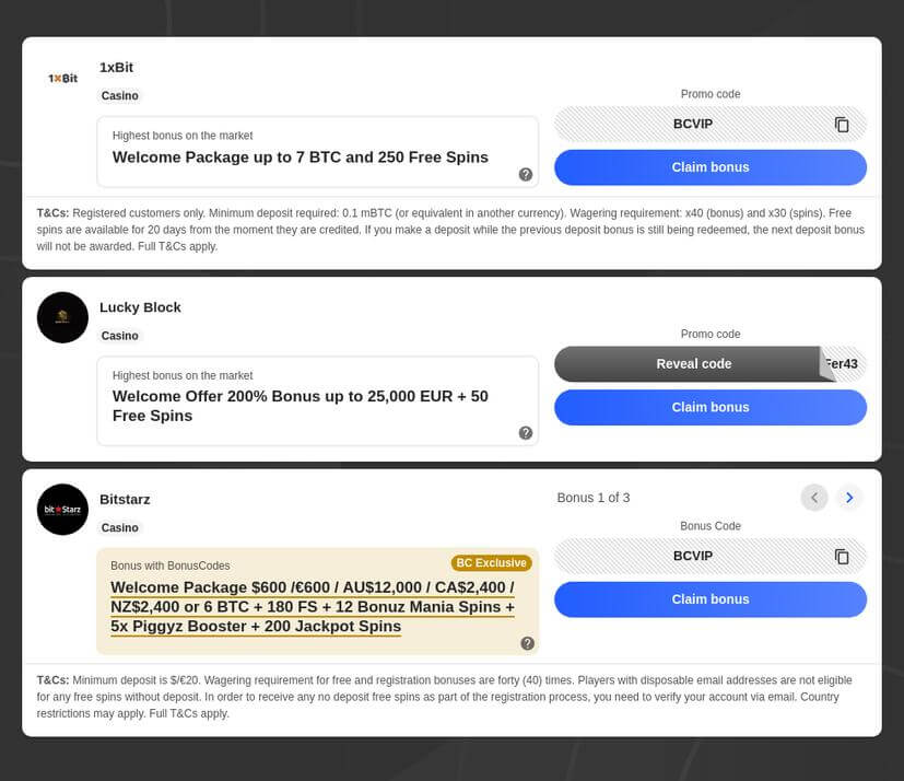 Bitcoin Casinos Bonus Codes