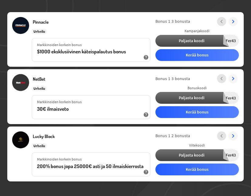 Promokoodi vedonvälittäjien sivustoille ja nettikasinoille