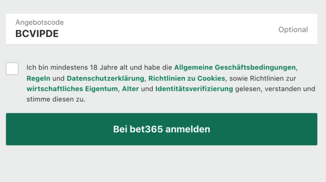 bet365 Gutscheincode im Bonus Code Feld eingetragen